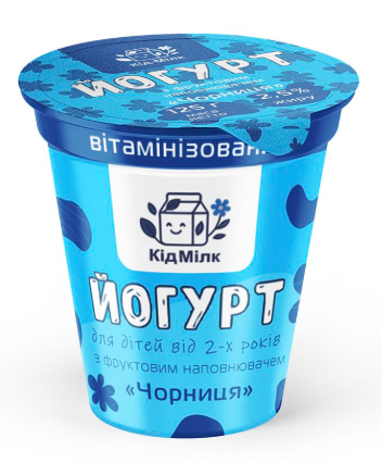 Йогурт ТМ КідМілк вітамінізований 2.5% жиру для дітей від 2-х років, з фруктовим наповнювачем, 125г